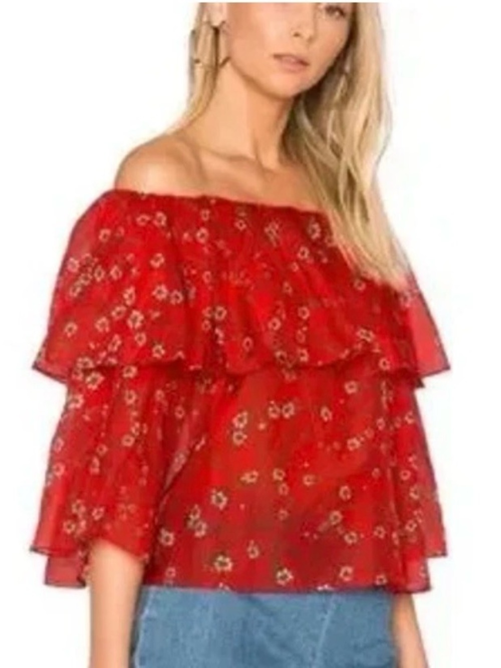 Alice + Olivia off shoulder Red Daisy silk blend top